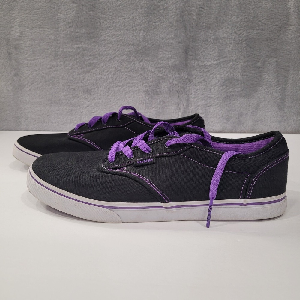 Vans Atwood Low Top Sneakers Black Canvas Purple Stitching Women's Missy Size 6 - Picture 7 of 11